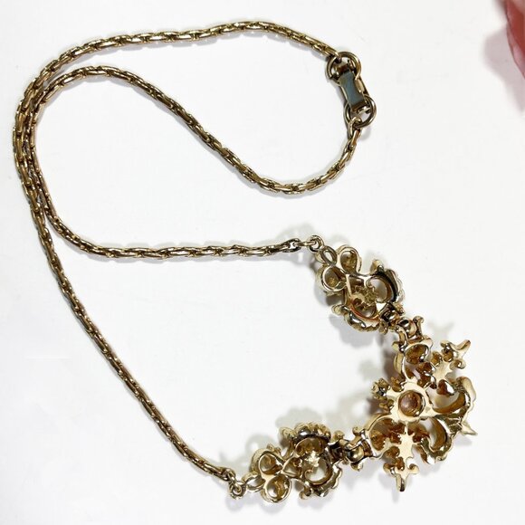 Vintage Estate Necklace Gold Tone Chain Pink Moon Glass Seed Pearls Aqua Crystal - Picture 9 of 9